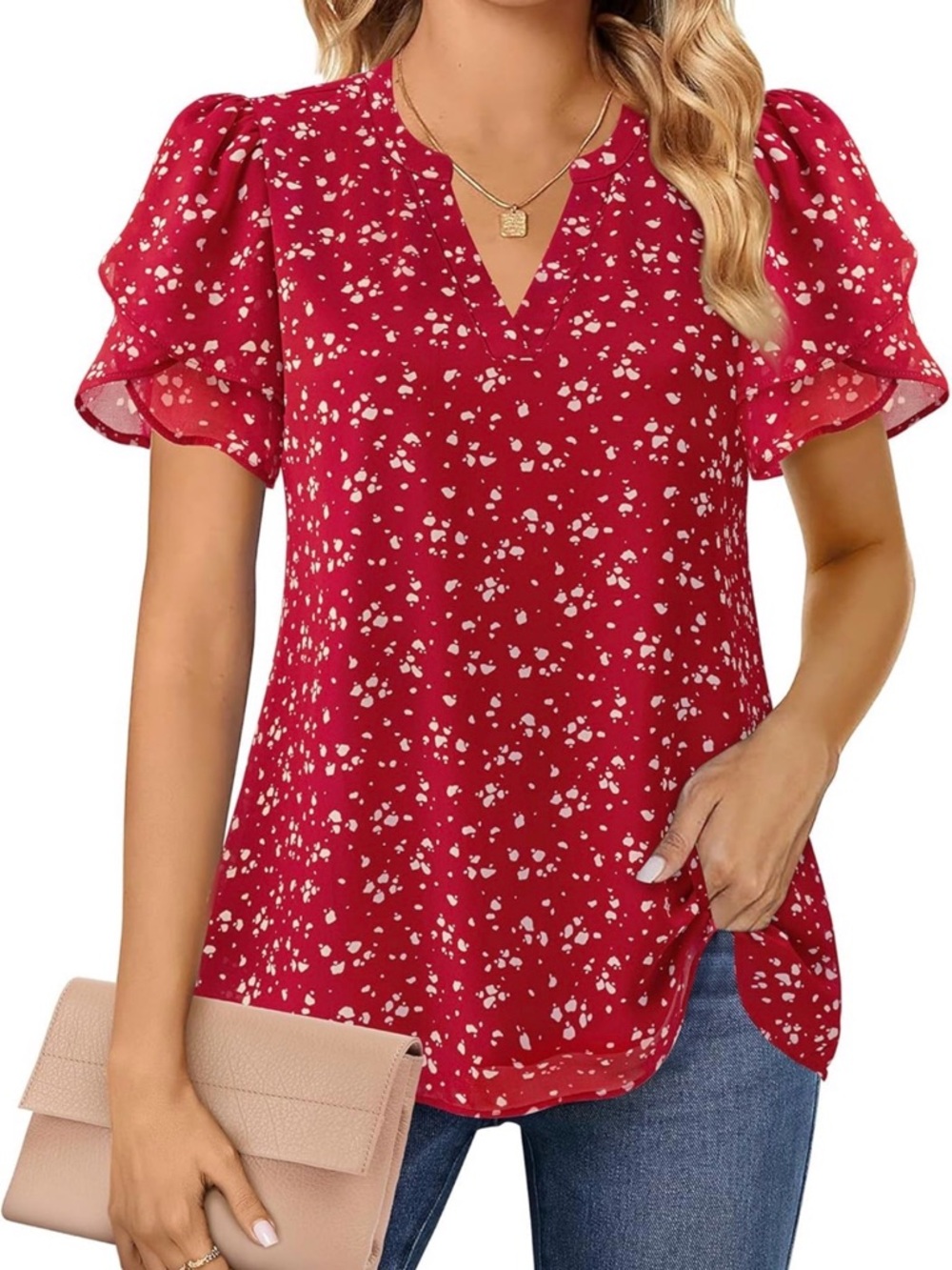 Lotusmile Red V-Neck‎ Flutter Sleeve Printed Blouse
